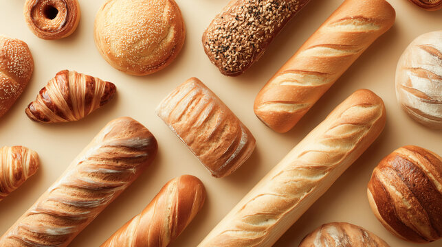 Assortment of fresh bread and pastries on a beige background, including baguettes, croissants, seeded loaves, and various types of bread