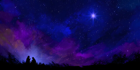 Nativity scene under a vibrant starry night with the Star of Bethlehem shining brightly. Religious concept.