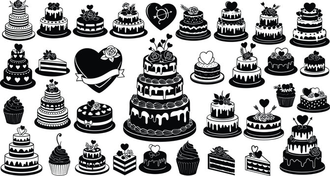 Elegant wedding cake and celebration dessert vector icons set isolated on white background, Vector, illustration
