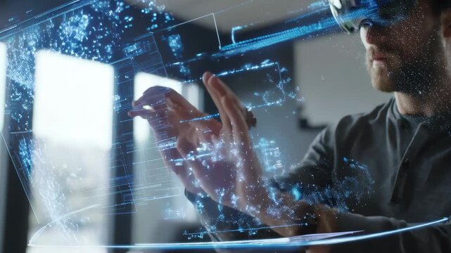 Medium shot of an entrepreneur demonstrating a holographic product demo highlighting features and details in a modern conference room environment.
