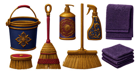 Colorful Cleaning Supplies with Decorative Elements on Transparent Background