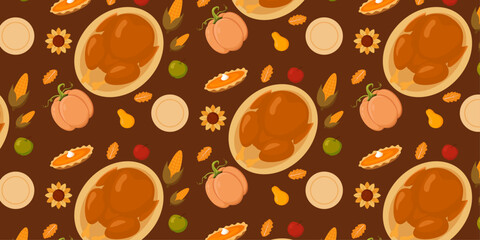 Thanksgiving Seamless Pattern &ndash; Roasted Turkey, Pumpkin Pie, Autumn Leaves and Harvest Elements on Dark Background for Seasonal Design