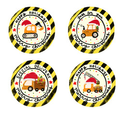 Set cute christmas xmas Rounded yellow striped sticker stamp package gift label tag with under construction vehicle transportation in kids doodle hand drawn watercolor crayon illustration clipart