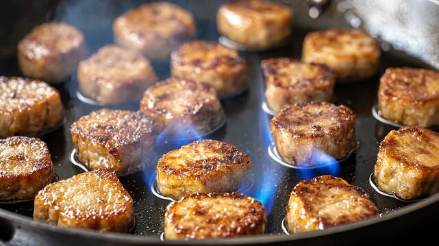 Round, browned food items in a pan with blue flames