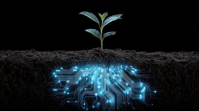 Plant With Glowing Digital Circuit Roots Showcases Innovation in Green Technology for a Sustainable Future