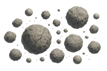 Fototapeta premium Asteroids and meteorites flying in deep space, rough rock texture with cracks, cosmic debris on transparent background