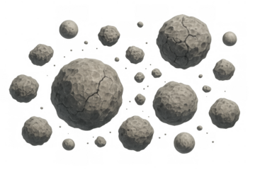 Asteroids and meteorites flying in deep space, rough rock texture with cracks, cosmic debris on transparent background