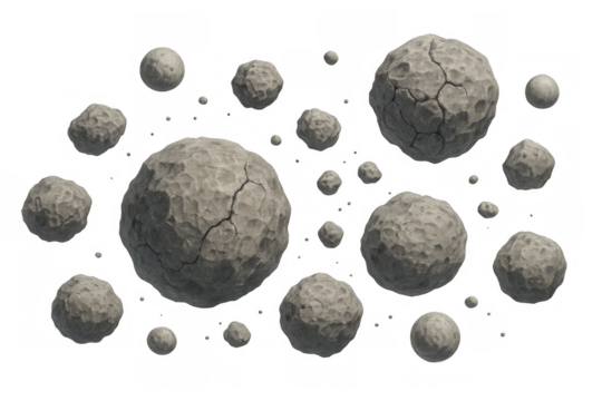 Asteroids and meteorites flying in deep space, rough rock texture with cracks, cosmic debris on transparent background - Powered by Adobe