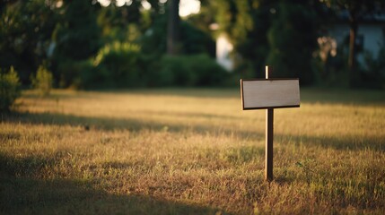 Empty rectangular signpost stands alone in sunlit grassy area at sunset