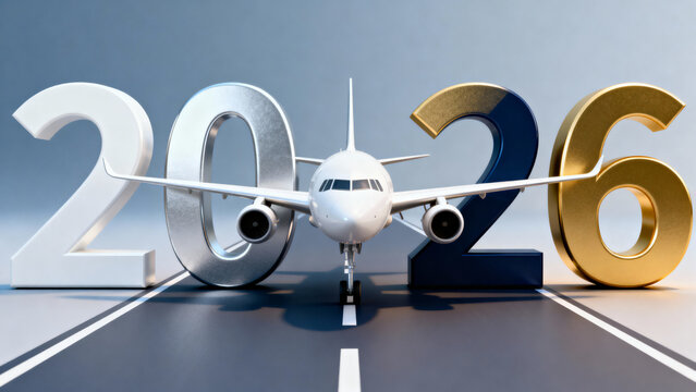 Airplane model positioned on runway between large metallic numbers representing the years 2026 and 2020, symbolizing travel and future aspirations in aviation industry