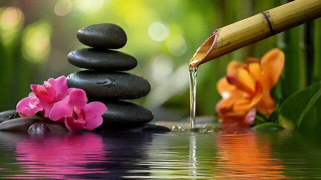 Zen garden still life with bamboo fountain and stones for relaxation