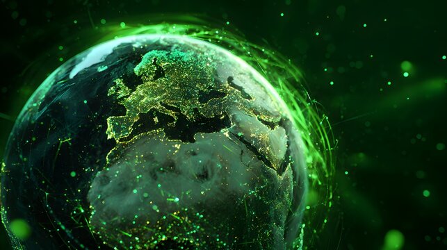Digital representation of the planet showing illuminated continents and interconnected global network activity