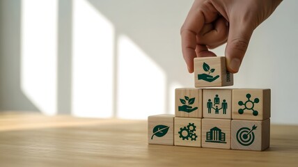 Business development and sustainability concept using symbolic wooden cubes to represent teamwork, eco-conscious operations, industry growth, city development, and well-defined strategic targets for o