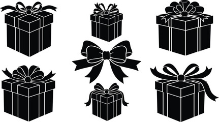 Holiday celebration gift box and bow silhouettes graphic set isolated on white background, Vector, illustration
