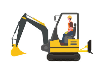 Man riding mini excavator. Simple flat illustration