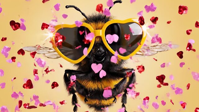 A whimsical scene of a bee wearing heart shaped sunglasses and accessories amidst petals, celebrating love and positivity, perfect for promoting self love, relationships, or wellness in.