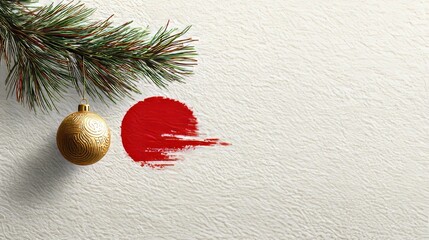 Minimal Christmas Pine Branch with Red Brush Stroke and Gold Ornament