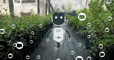 Showing stylized robot graphic hovering over greenhouse aisle with rows black pots and AR markers