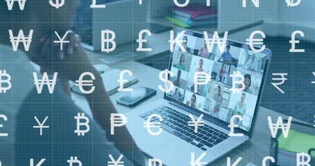 Leaning worker in casual top, joining laptop call at desk, phone, sticky notes, currency overlay