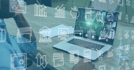 Displaying laptop showing charts and calls on wood desk, left person wearing blue shirt, copy space