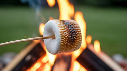 A marshmallow being roasted over an open campfire, showing a golden-brown toasted exterior and soft white interior.