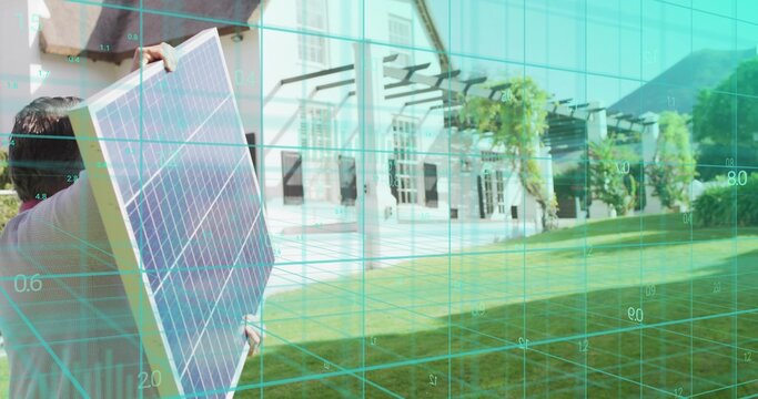Carrying man wearing shirt holding solar panel in front yard, teal AR grid overlay, copy space