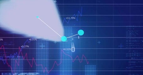 Focusing centered cyan node with white line and pointer blur on digital dashboard, showing trends