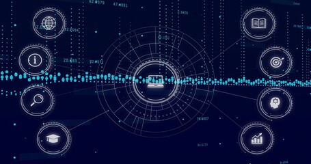 Displaying central HUD laptop icon radiating lines to peripheral icons on navy screen with waveform