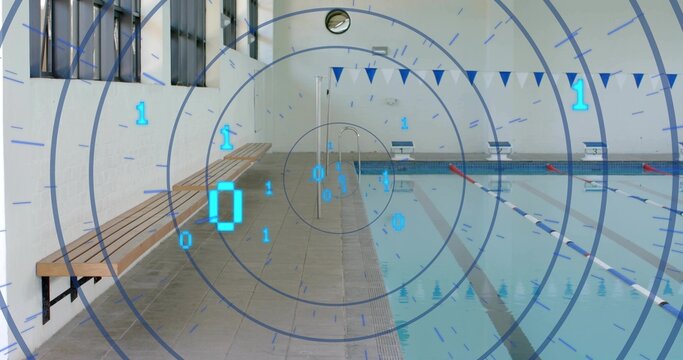 Displaying empty lap pool centered at recreation center, showing ladder, lanes, blocks, overlay