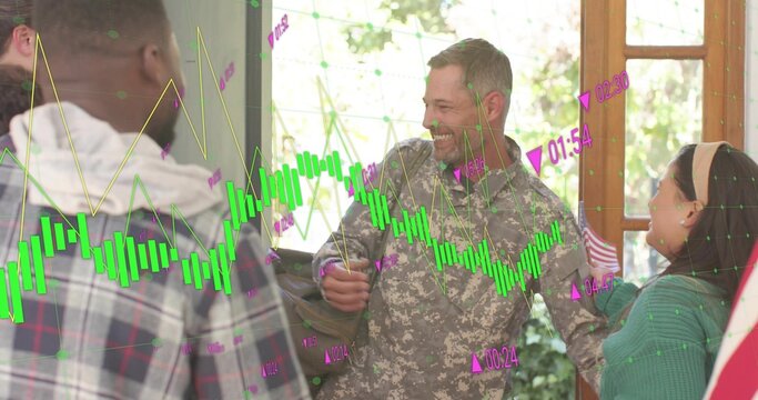 Arriving soldier in camo uniform with duffel greeting family at home, with flag and chart overlay - Powered by Adobe