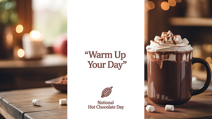 A steaming mug of hot chocolate with whipped cream and marshmallows on a wooden table, celebrating National Hot Chocolate Day.