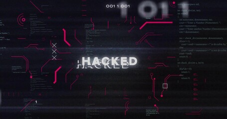 Showing distorted HACKED text glitching across cyber HUD with magenta circuits, code, binary