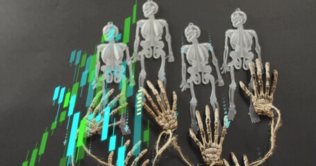 Displaying five plastic skeletons aligned on matte table, with tied hands and neon chart overlay