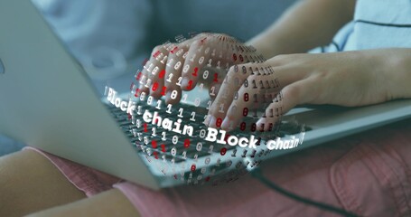 Typing hands tapping laptop on lap at home, in blue-top pink shorts, blockchain globe and cable