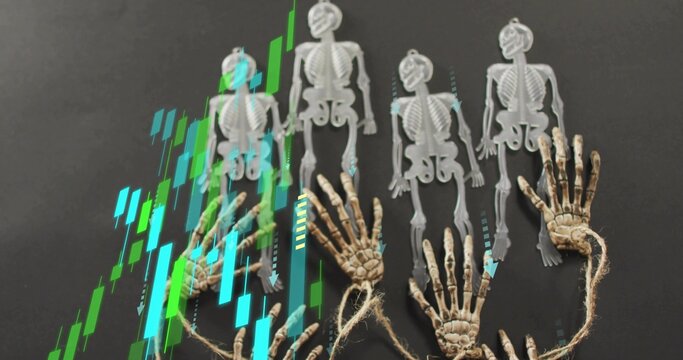 Displaying five plastic skeletons aligned on matte table, with tied hands and neon chart overlay
