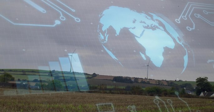 Showing farmland landscape with harvested field and wind turbines, displaying cyan globe overlay