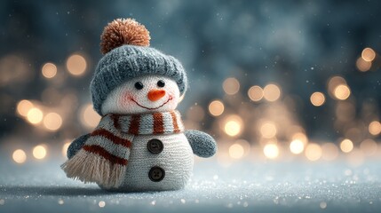 A cheerful snowman wearing a knitted hat and scarf, surrounded by soft glowing lights and falling snow. The warm, cozy atmosphere creates a magical Christmas and winter holiday feeling — perfect for g