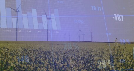 Displaying canola field stretching horizon at wind farm, overlaying bar charts and numeric readouts