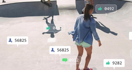 Standing woman-skater on skateboard in blue-shirt red-sneakers at concrete bowl with social icons