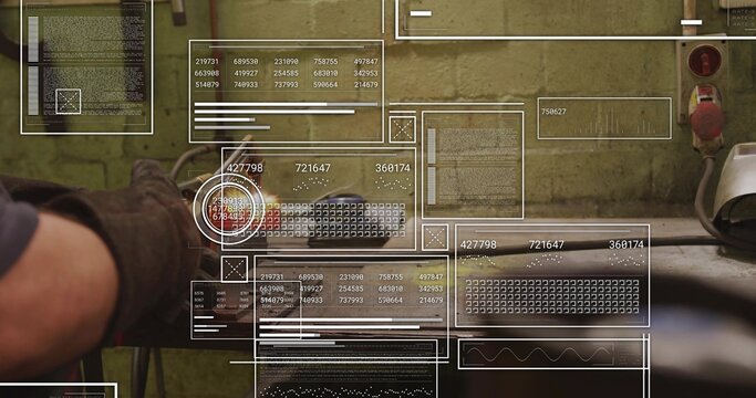 Reaching gloved technician forearm adjusting metal part on workbench, with AR panels, copy space - Powered by Adobe