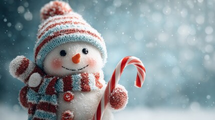 Adorable snowman wearing a red scarf and hat, holding a candy cane during a gentle snowfall. The cheerful and festive winter scene captures the joy of Christmas and holiday spirit — perfect for season