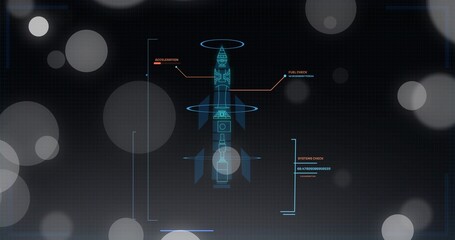 Displaying centered multi-stage rocket schematic on dark grid, showing reticle rings and readouts