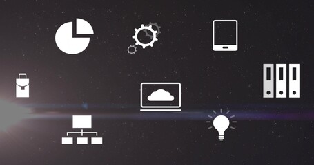 Displaying centered laptop with cloud icon glowing on dark starfield, lens flare, pie chart, gears