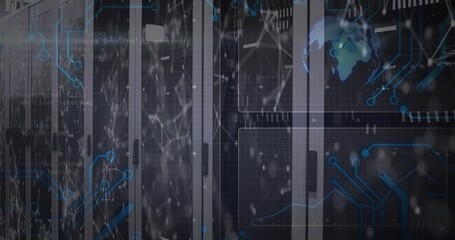 Displaying server cabinets with glass doors, LED status lights, digital overlays in data center