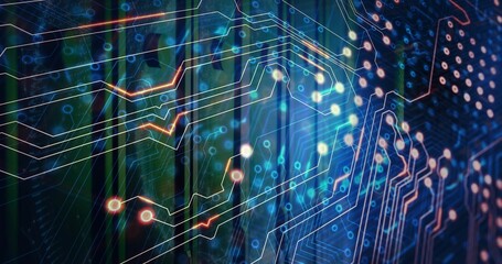 Flowing abstract circuit network streaming across digital space, showing glowing traces and nodes