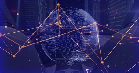 Obraz premium Rotating dotted globe pulsing orange-gold network lines in data hub, showing nodes and panels