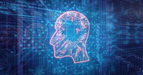 Glowing neon head silhouette pulsing in digital network dashboard, with hexagonal chip motif