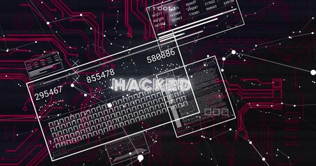 Showing central command overlay in circuit cyberspace, displaying HACKED label, keyboard grid, IDs