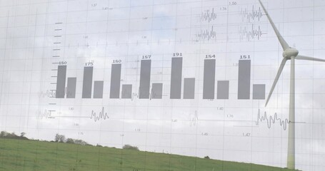 Overlaying transparent bar chart across cloudy sky above rural pasture, showing wind turbine tower
