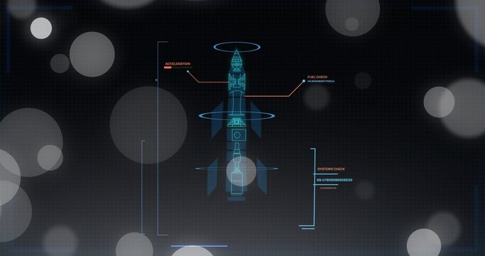 Displaying centered multi-stage rocket schematic on dark grid, showing reticle rings and readouts
